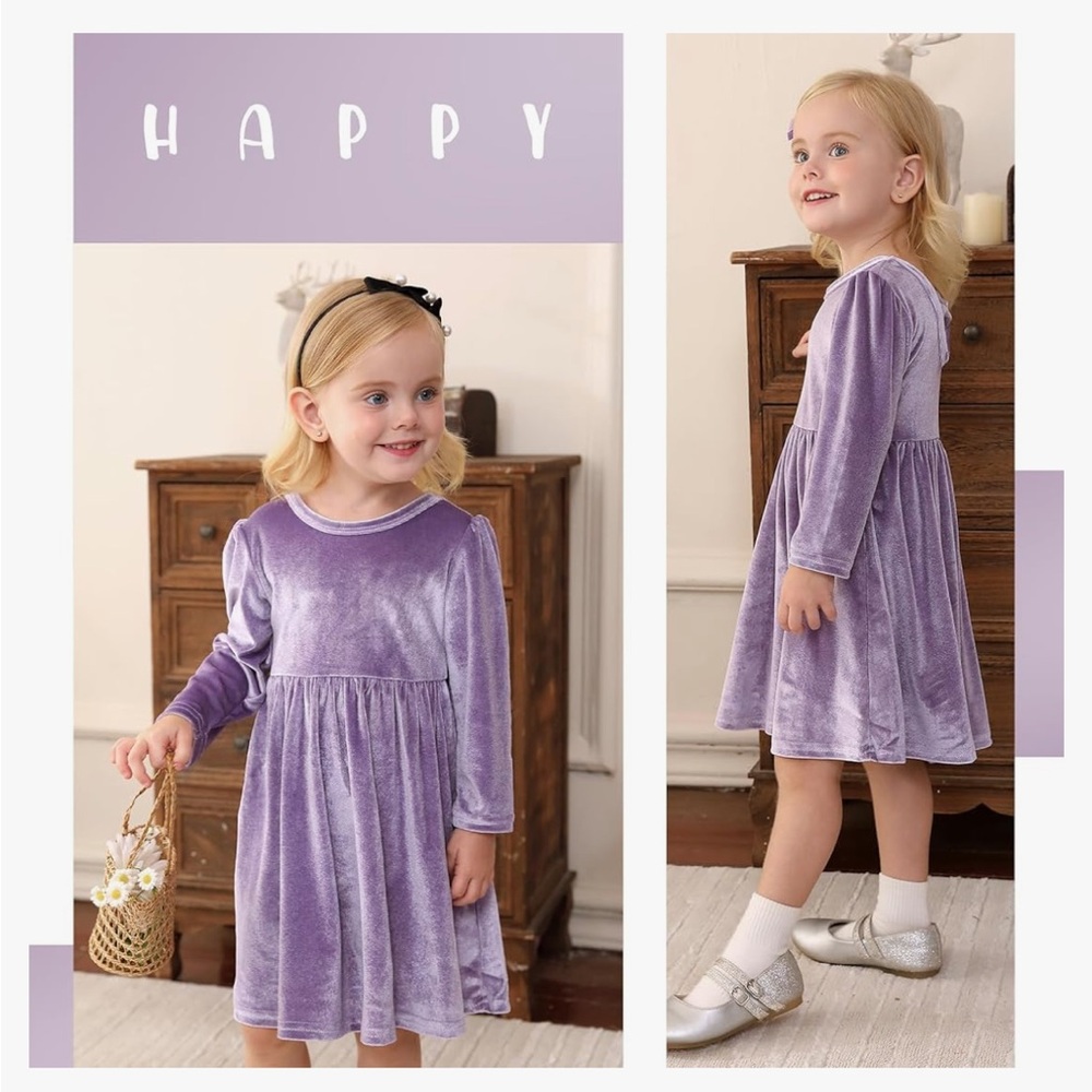 Girl’s Long Sleeve Velvet Dress in Purple - Picture 2 of 13